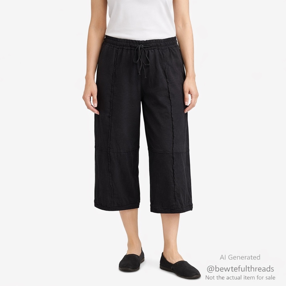 Chalet et Ceci L–XL Black Cotton Cropped Pants Relaxed Lagenlook